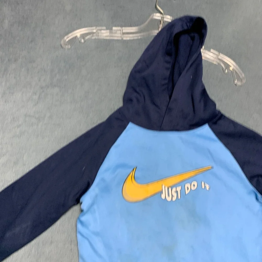 Nike Just Do It Therma Fit Hoodie Boys L Navy Blue Fleece Lined Kangaroo Pockets